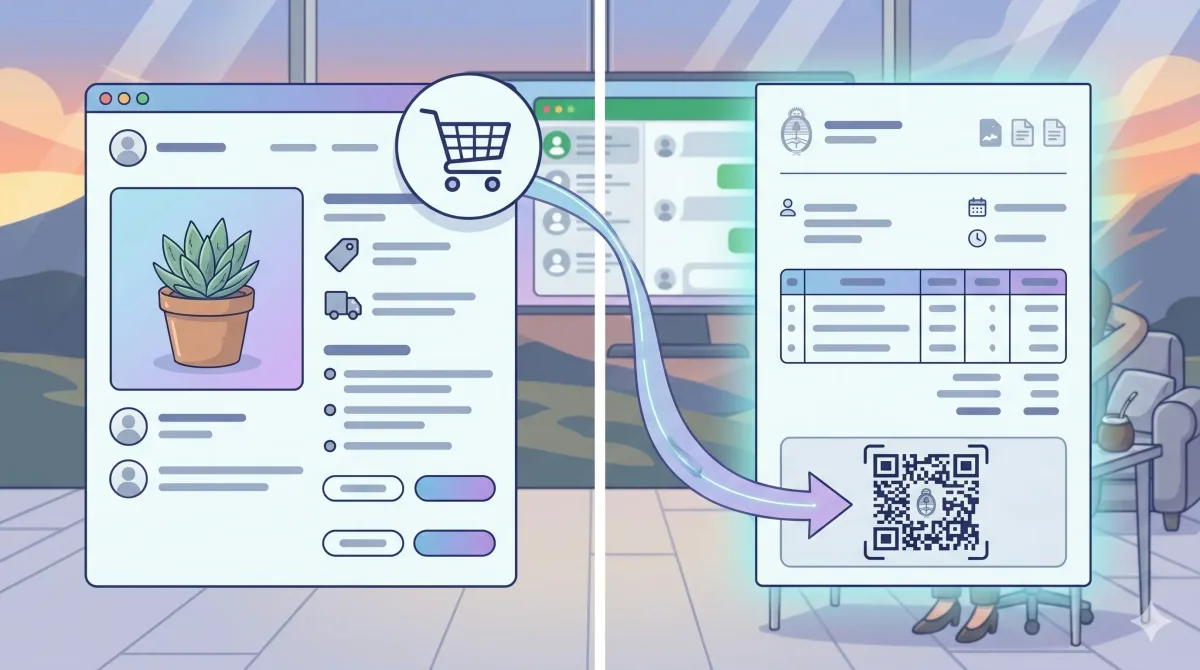 Tablet mostrando un carrito de e-commerce y una factura electrónica AFIP en simultáneo